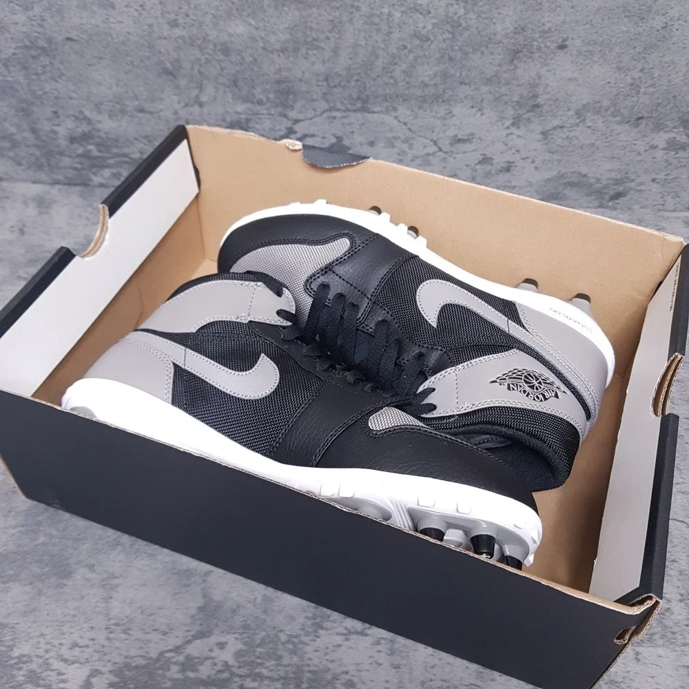 NIKE Air Jordan 1 TD Mid Shadow Grey Football Cleats Mens 8 Black Grey Lunarlon‎